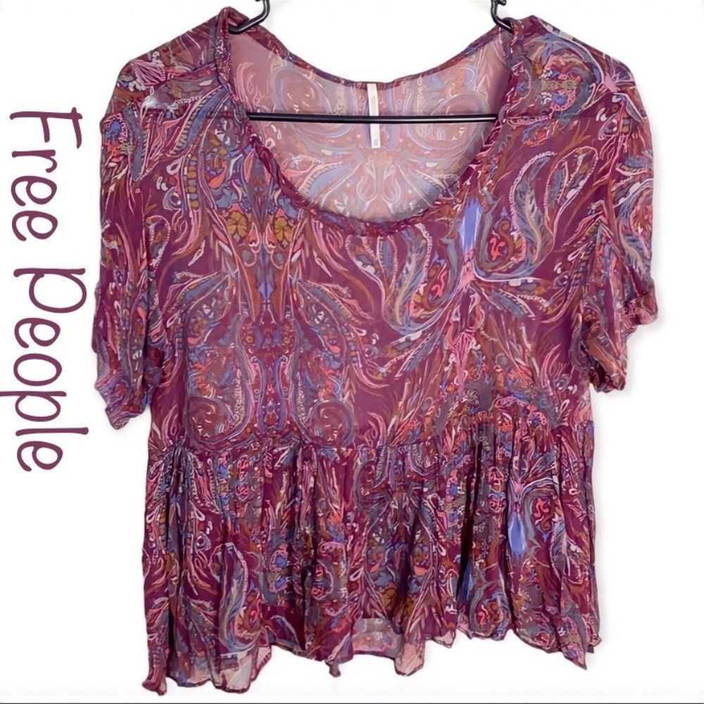 Free People XS Paisley Chiffon Boho Print Say You Will Babydoll Top Blouse